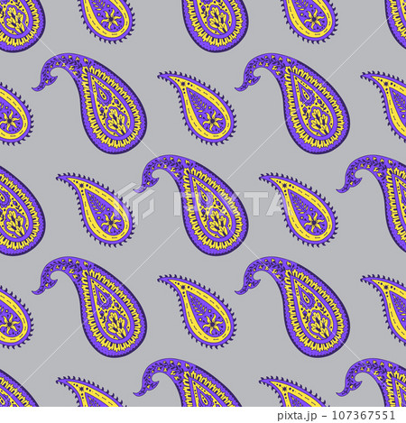 Seamless pattern with purple and yellow Paisley motifs on gray background Seamless pattern with purple and yellow Paisley motifs on gray background 107367551