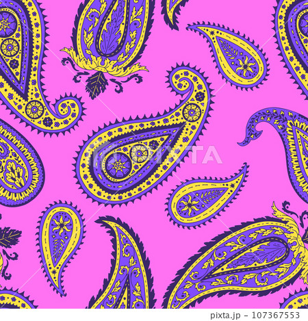 Seamless pattern with purple Paisley motifs on pink background Seamless pattern with purple Paisley motifs on pink background 107367553