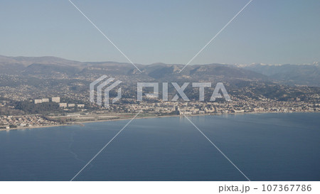 Airplane shot, approaching Cote D Azur airport, view of south France coast Airplane shot, approaching Cote D Azur airport, view of south France coast 107367786