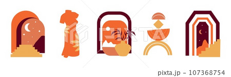 Boho portals. Arch frame. Doodle geometric shape. Plant branches in vase. Sky with sun or crescent. Female body. Minimal leaves. Orange dress. Silhouette window or ladder. Vector Bohemian elements set Boho portals. Arch frame. Doodle geometric shape. Plant branches in vase. Sky with sun or crescent. Female body. Minimal leaves. Orange dress. Silhouette window or ladder. Vector Bohemian elements set 107368754