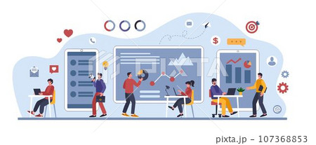 Office employees. Marketing process. Digital app team. Education system. Data social startup. Smartphone and tablet screen. Statistic infographics. Workers teamwork. Vector illustration tidy banner 107368853