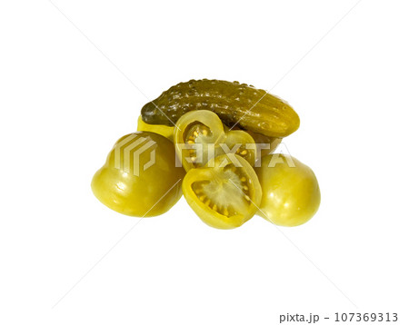 Pickled, marinated cucumbers and tomatoes 107369313