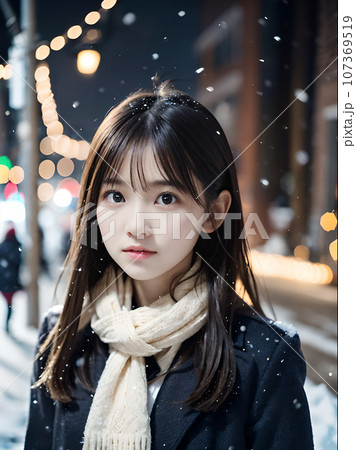 AI画像　クリスマスイルミネーションの輝く雪の夜に寂しげにたたずむ若い女性 107369519