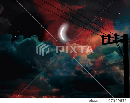 夜空に浮かぶ雲と三日月と電信柱のシルエットのモノクロ背景 107369652