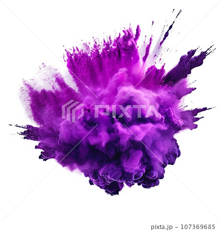 Powerful explosion of purple holi powder on transparent background. Saturate violet smoke paint explosion, fume powder splash, motion of liquid ink in water. 107369685