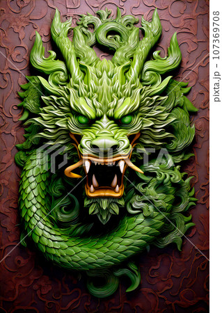 Green dragon statue. Symbol of 2024 on blurred background. Green Chinese dragon wooden sculpture. Mythological creature. Green fantasy dragon. Green dragon statue. Symbol of 2024 on blurred background. Green Chinese dragon wooden sculpture. Mythological creature. Green fantasy dragon. 107369708