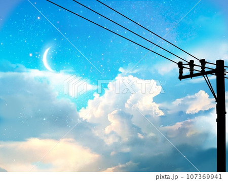 パステルカラーの夜空に浮かぶ雲と三日月と電信柱のシルエットの背景 107369941