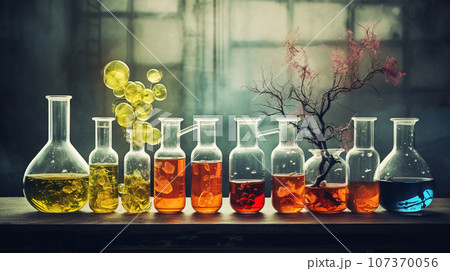 Laboratory glassware with different color reagents. Chemical laboratory experiment concept 107370056