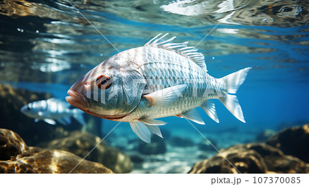 Fish in blue ocean water 107370085