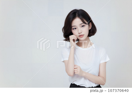 小首を傾げる白いTシャツを着た若い女性 AI generated 小首を傾げる白いTシャツを着た若い女性 AI generated 107370640