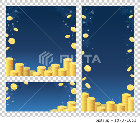 積み上げたコインを配置した青色背景の素材_サイズバリエーションセット 107371053
