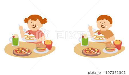 不健康な食事をするふくよかな子供のイラスト 107371301