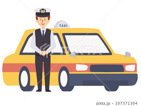 タクシーと男性の運転手のイラスト 107371304