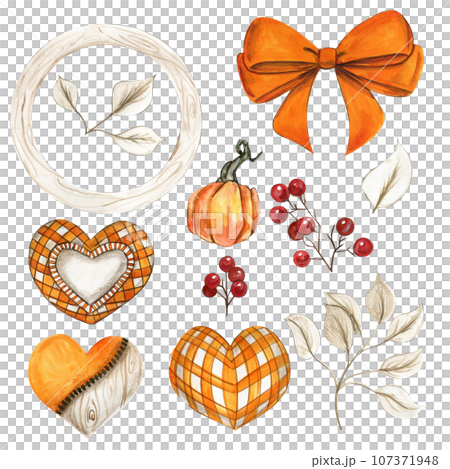 Watercolor hand drawn set of autumn pumpkin, hearts and ribbon. Hand drawn illustration of autumn. Halloween illustration for sticker, invitation, poster, packaging, designs, cards 107371948