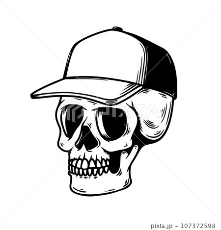 Illustration of skull in baseball cap in monochrome style. Design element for logo, emblem, sign, poster, card, banner. Vector illustration Illustration of skull in baseball cap in monochrome style. Design element for logo, emblem, sign, poster, card, banner. Vector illustration 107372598