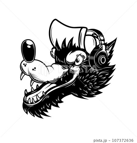 Illustration of cartoon wolf with headphones. Design element for poster, card, banner, sign, logo. Vector illustration Illustration of cartoon wolf with headphones. Design element for poster, card, banner, sign, logo. Vector illustration 107372636