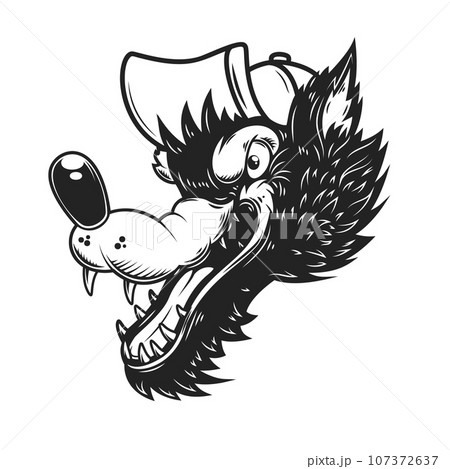 Illustration of cartoon wolf in baseball cap. Design element for poster, card, banner, sign, logo. Vector illustration Illustration of cartoon wolf in baseball cap. Design element for poster, card, banner, sign, logo. Vector illustration 107372637