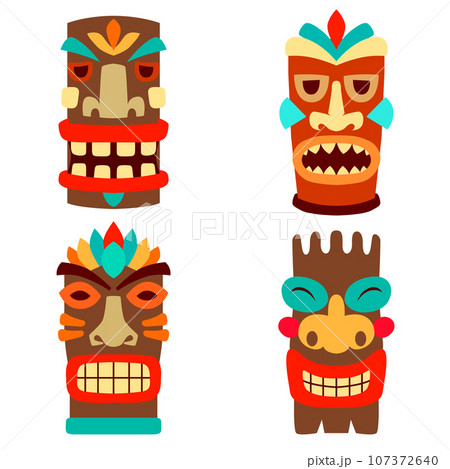 Set of illustrations of tiki masks in flat style isolated on white background. Design element for logo, label, sign, emblem, poster. Vector illustration 107372640