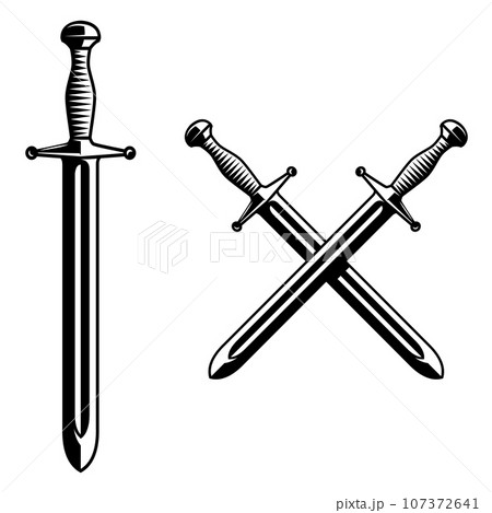Illustration of knight swords in monochrome style. Design element for logo, label, sign, poster. Vector illustration 107372641