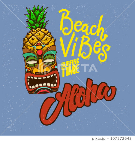 Beach vibes. Aloha. Emblem template with tiki idol. Design element for poster, card, banner, sign, emblem. Vector illustration Beach vibes. Aloha. Emblem template with tiki idol. Design element for poster, card, banner, sign, emblem. Vector illustration 107372642