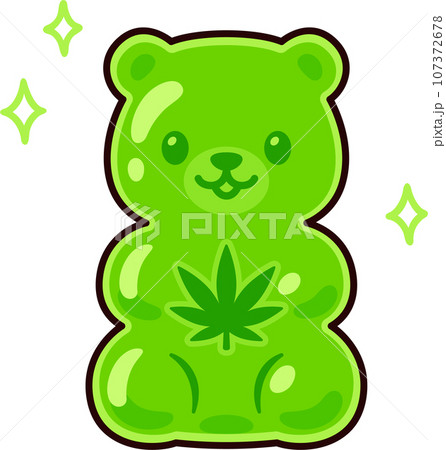 Cute cartoon CBD edible gummy bear drawing. Green candy with