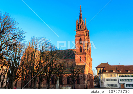 Facade of Basel Minster cathedral in Switzerland 107372756