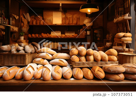 Bread shop. Various types of fresh bread loaves on the shelves of private bakery 107373051