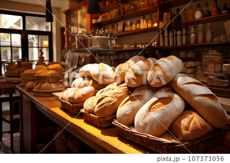Bread shop. Various types of fresh bread loaves on the shelves of private bakery 107373056