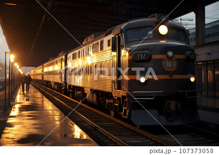 a long-distance passenger train at a railway station in the sunset sunlight. 107373058