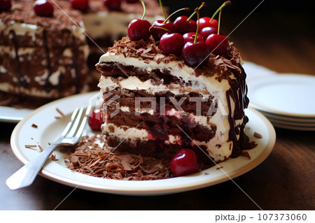 a beautiful delicious cake decorated with milk cream, fruits and berries 107373060