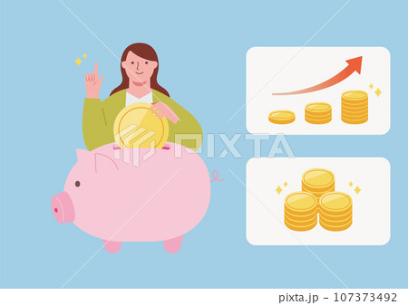 貯金箱とお金を入れる女性 107373492