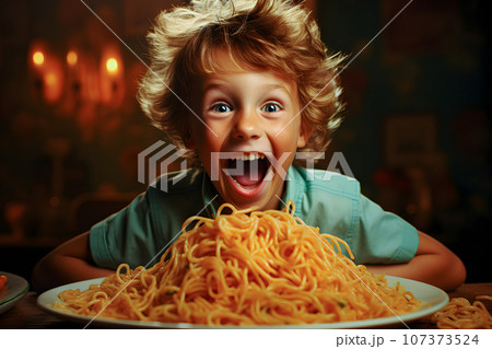 Cute little kid boy eating spaghetti bolognese or pasta macaroni bolognese at home. Happy child eating fresh cooked healthy meal with noodles. Generative Ai. Cute little kid boy eating spaghetti bolognese or pasta macaroni bolognese at home. Happy child eating fresh cooked healthy meal with noodles. Generative Ai. 107373524