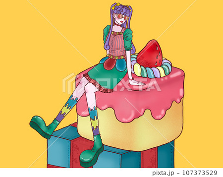 プレゼントとケーキと女の子 黄色背景 プレゼントとケーキと女の子 黄色背景 107373529
