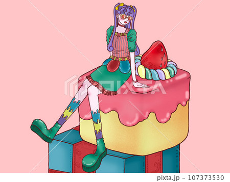 プレゼントとケーキと女の子 ピンク背景 プレゼントとケーキと女の子 ピンク背景 107373530