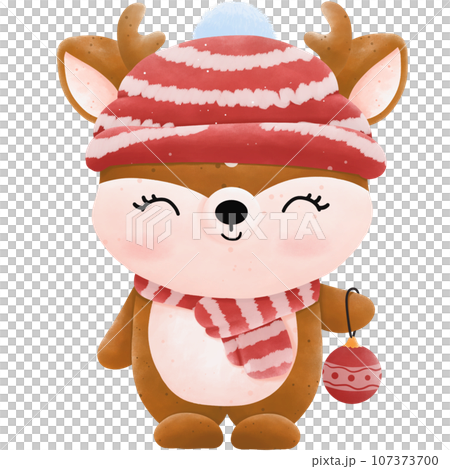 Adorable Christmas Deer , watercolor illustration, cute woodland animal with scarf, hat,  and gifbox 107373700