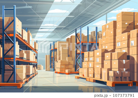 Retail warehouse with shelves 107373791