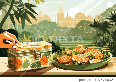 Woman with lunchbox in the park 107373832