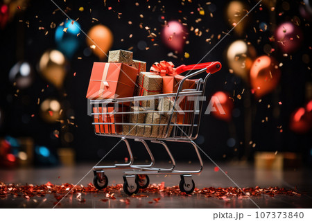 Shopping cart with gift boxes 107373840