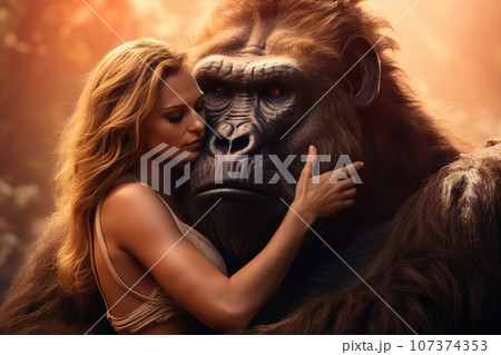 Image of beautiful woman and big gorillaのイラスト素材