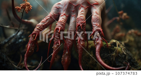 Witch's hand in the woods, with tendrils of new flesh growing from fingers,Created with generative AI tools 107374783