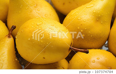 Macro shot of ripe pears with water droplets. Created by AI Macro shot of ripe pears with water droplets. Created by AI 107374784