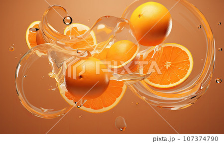 Vibrant oranges submerged in clear water with effervescent bubbles. Created by AI 107374790