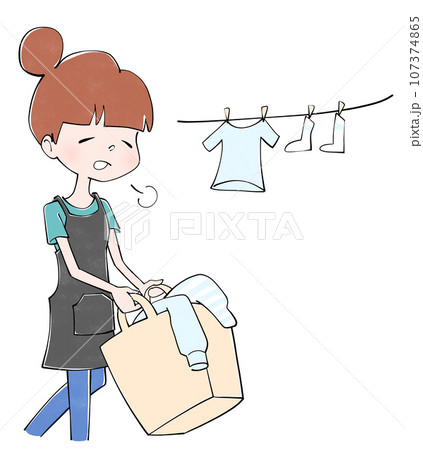 ため息をつきながら洗濯を干す主婦のイラスト ため息をつきながら洗濯を干す主婦のイラスト 107374865