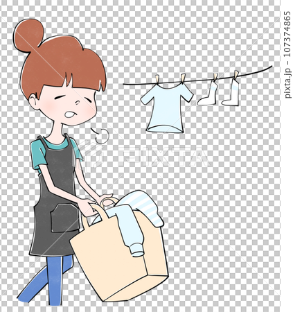 ため息をつきながら洗濯を干す主婦のイラスト ため息をつきながら洗濯を干す主婦のイラスト 107374865