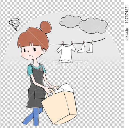 Illustration of a housewife hanging laundry 107374874