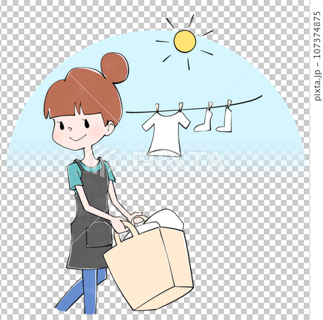 Illustration of a housewife hanging laundry Illustration of a housewife hanging laundry 107374875