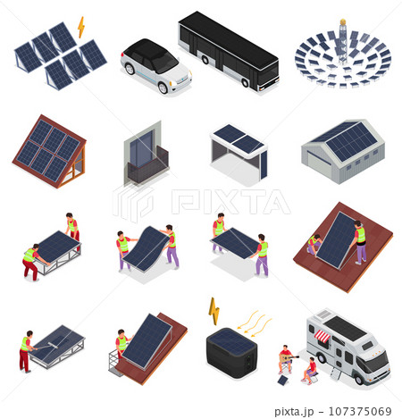People Installing And Using Solar Panels Isometric Icon Set 107375069