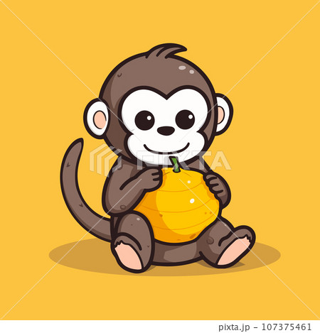 Cute happy cartoon monkey holding a yellow fruit. Adorable wild baby animal eating a vegetable 107375461