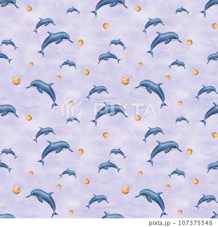 Jumping dolphins playing with ball. Seamless pattern with sea animals. Watercolor illustration on lilac background. Flock of dolphins. For textile, print, wrapping. Cartoon style. Jumping dolphins playing with ball. Seamless pattern with sea animals. Watercolor illustration on lilac background. Flock of dolphins. For textile, print, wrapping. Cartoon style. 107375548