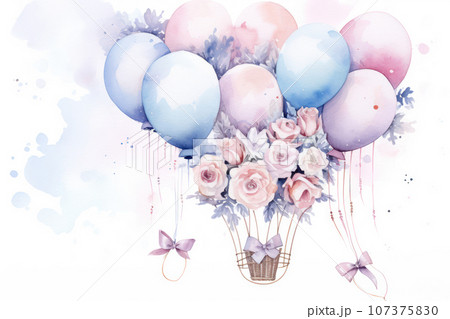 baby stroller with flowers and balloons 107375830